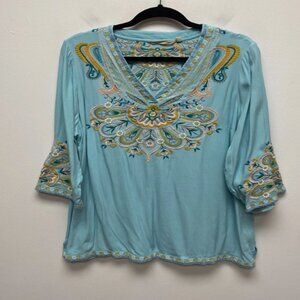 Soft Surroundings Womens Blue Embroidered 3/4 Sleeve V-Neck Peasant Tunic Top L